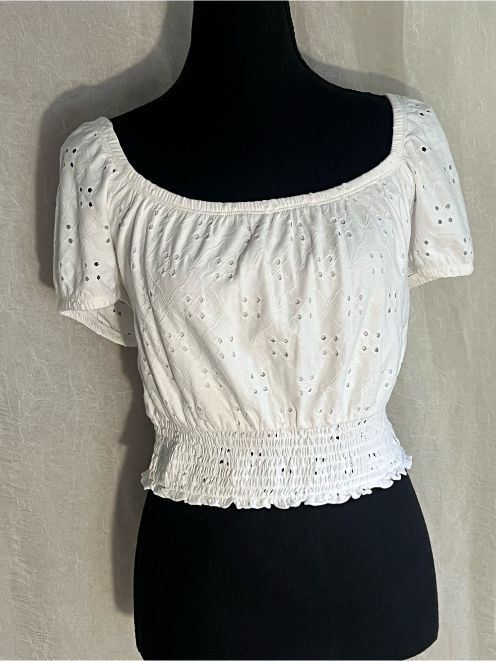 Hollister White Eyelet Smocked Cropped Top